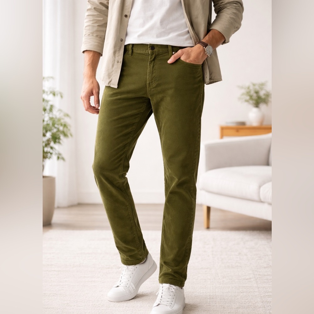 Mugsy Bonsai’s Olive Green Corduroy Pants Men’s 32x30 Slim Fit Stretch Casual